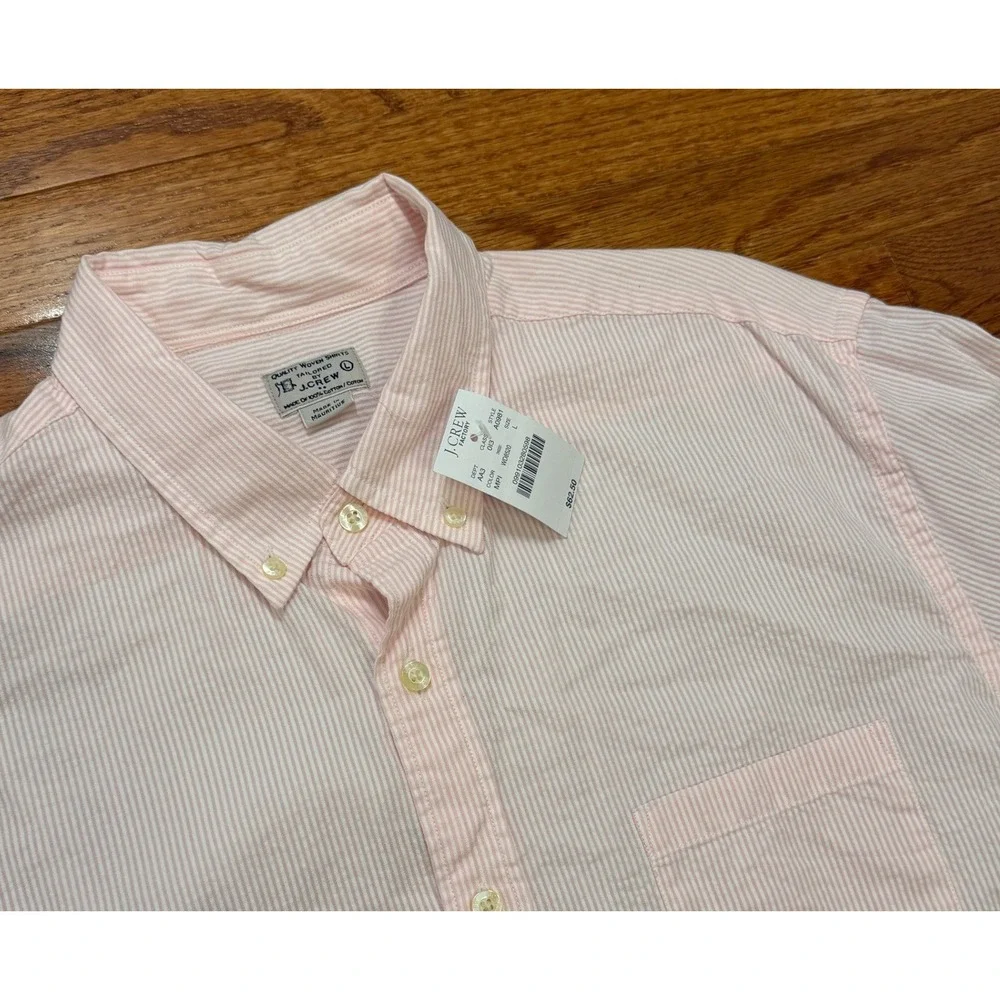 New J.Crew Button-Down Shirt Mens Large Pink White Striped Seersucker Textured